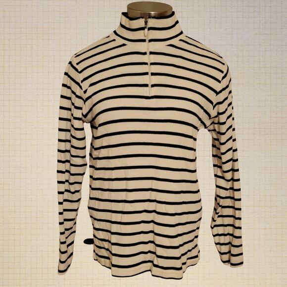LL Bean Striped Half Zip Pullover Cream Black Medium 90s Y2K Long Sleeve Top - Picture 1 of 8